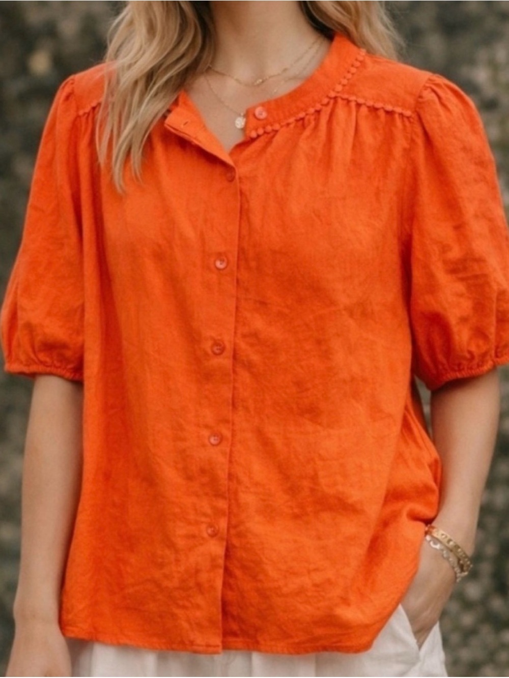 PrettyGarden Button-Front Cotton Puff Sleeve Blouse